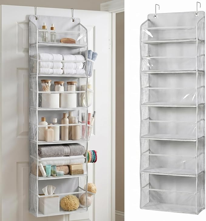 Over the Door Organizer, 6-Tier, 100D Fabric Transparent 1pc | Over the door shoe organizer, 50 lbs capacity, 12 side mesh pockets, 100D extra thick fabric, Closet & entryway storage by HomeluxTheory