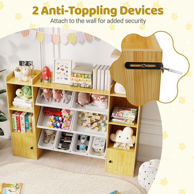 Costzon Kids Toy Storage Organizer w/ 8 Bins, Wooden Toddler Bookcase w/Open Shelves & Cabinet, Multifunctional Toy Storage Cabinet for Kids Room, Nursery & Playroom - Image 6