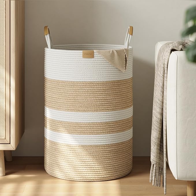 Nunsino 95L Striped Laundry Hamper with Leather Handles,Large Foldable Laundry Basket for Clothes,Cotton Rope Storage Bin for Blankets,Woven Clothes Basket for Bedroom,Beige Stripes by Nunsino