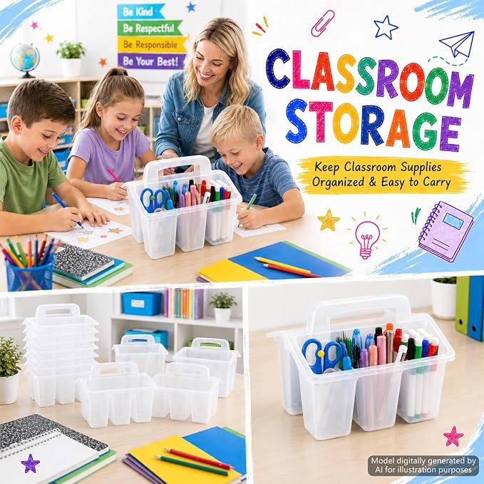 gisgfim 8 Pack Classroom Caddy Storage Basket with Handle 4 Compartment Storage Caddy Plastic Arts Crafts Caddies Protable Classroom Craft Caddies for Students Schools Art Craft Supplies(Clear) - Image 6