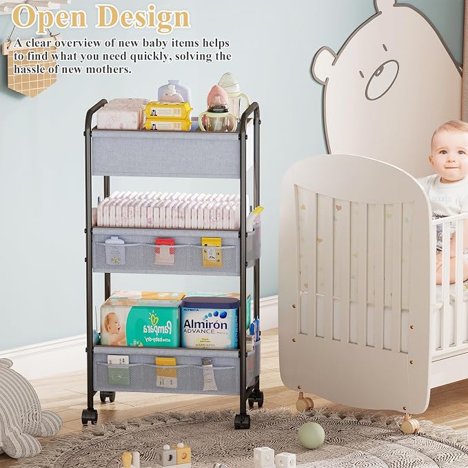 3-Tier Baby Diaper Caddy Cart Organizer with 2 Dividers & 14 Mesh Pockets - Black Mobile Nursery Storage Cart with Wheels, Durable Metal Utility Cart for Nursery, Bedroom, Baby Essentials Organization - Image 2