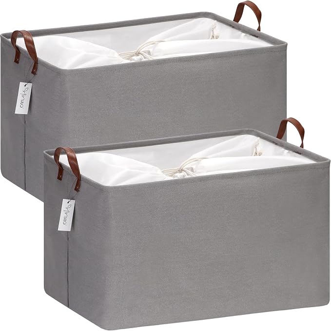 Hinwo 70L Extra Large Canvas Storage Bin with Lid and Handles, 2-Pack | Collapsible Fabric Baskets, Closet Shelf Organizers, Containers for Clothing, Blankets, Toys, Bedding (Gray) by Hinwo