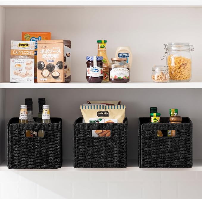 joybest Black Wicker Baskets for Shelves, Hand-woven Storage Baskets | 13.4L x 8.3W x 7.1H inch for Pantry, Kichen Organizing, Foldable Rectangular Bin with Handles, 2-pack - Image 3