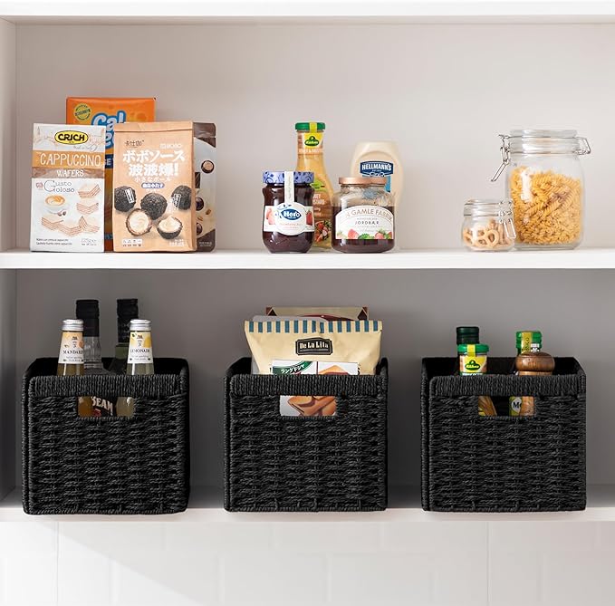 joybest Black Wicker Baskets for Shelves, Hand-woven Storage Baskets | 13.4L x 8.3W x 7.1H inch for Pantry, Kichen Organizing, Foldable Rectangular Bin with Handles, 4-pack - Image 3