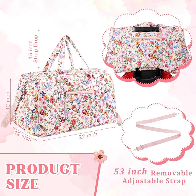 Dansydaisy Large Quilted Travel Duffle Bag for Women Floral Portable Gym Weekender Bag with Zipper Pockets Workout Grocery Pouch Duffle Gift Pouch for Work(Pink Floral) - Image 2