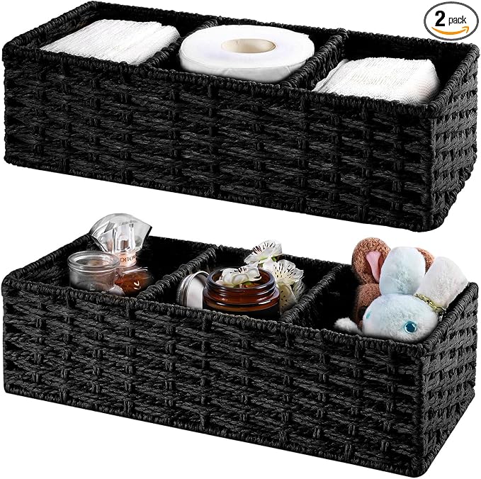 3 Section Wicker Storage Basket, Hand-Woven Paper Rope Wicker Baskets for Organizing, Toilet Tank Basket, Black Baskets for Bathroom, 2-Pack, Black by Vagusicc