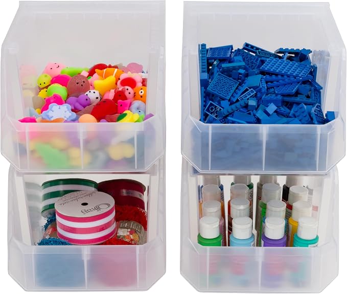 Medium-Tall Stackable Plastic Storage Bins, 4-Pack, Clear | Open-Front Stackable Bins For Garage, Pantry, Closet & Office, 7"L X 11"W X 8"H, Nests When Empty, Durable Plastic - Image 8
