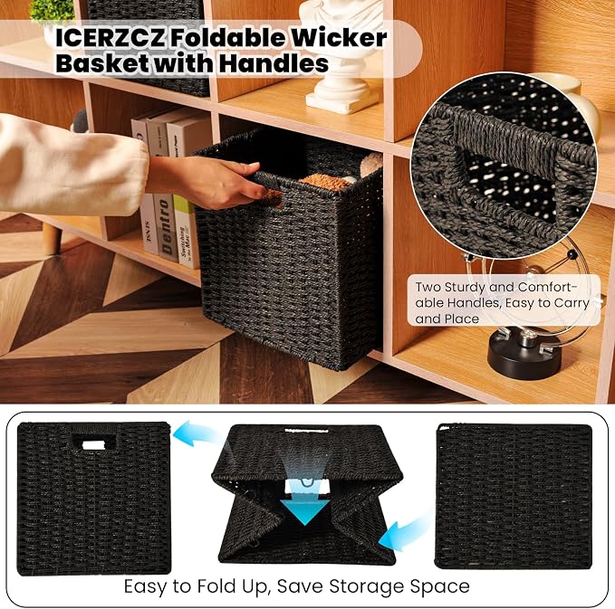 ICERZCZ Black Storage Bins, Wicker Storage Baskets for organizing, Paper Rope Woven Basket for Storage, 11 Inch Storage Cubes bin 11x11x11, 11"x10.25"x11", 2 Packs, Black - Image 6