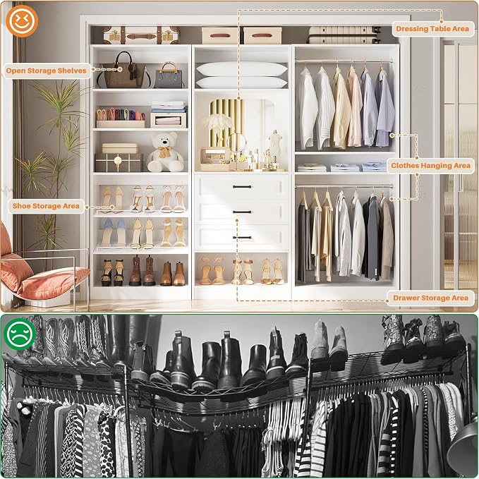 Unikito 75" Modular Closet System with 3 Sets, Mirror & Drawers, White | Hanging Rods & Adjustable Shelves, Freestanding Wood Wardrobe Garment Rack, Walk in Tower Clothes Storage Organizer Unit - Image 5