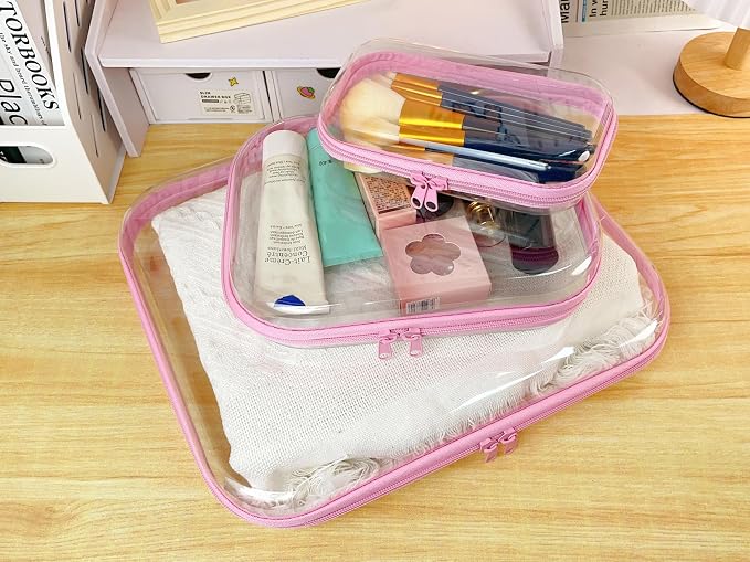 3PCS Clear Hard Shell Zipper Case 13.8 * 11.8 * 2 IN (Pink) | Transparent shell for easy item access. Works as cosmetic bag, toy pouch, diaper organizer and pencil case. - Image 3