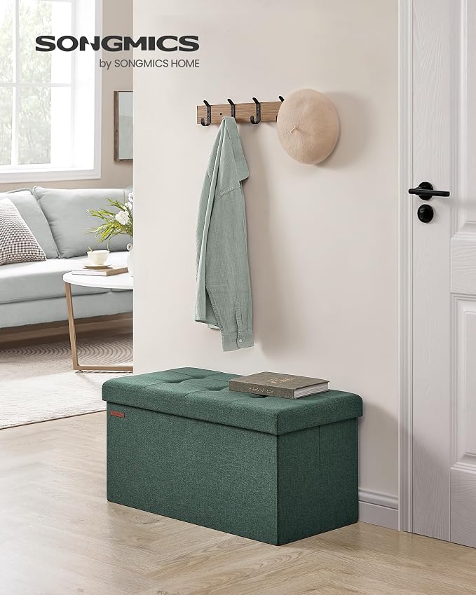 SONGMICS Mazie Collection - 30 Inches Folding Storage Ottoman Bench, Ottoman Foot Rest, End of Bed Bench, Storage Chest, Load 660 lb, for Living Room, Bedroom, Entryway, Retro Green ULSF047C01 - Image 2