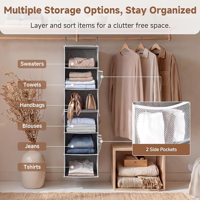 StorageWorks 6-Shelf Closet Organizers, Two 3-Shelf Separable Hanging Shelves for Close, 12 1⁄2" D x 12 1⁄2" W x 47 ¼" H, Canvas, Gray - Image 8