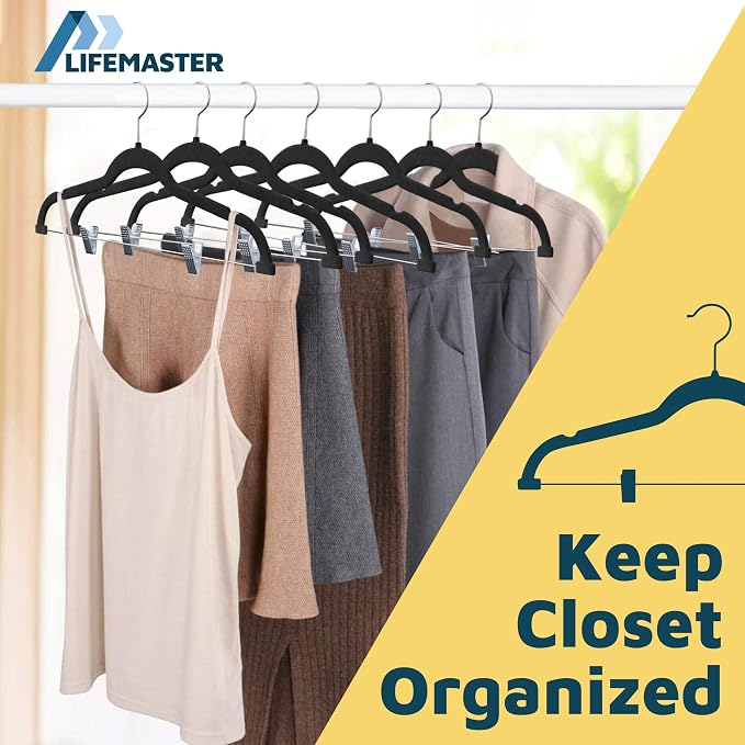 Lifemaster Velvet Skirt Hangers – with Adjustable Clips, 360 Degree Swivel Hook, and Non-Slip Shoulder Notch, Holds Up to 10 lbs, for Organizing Skirt, Pants, Dress, and Clothes, Pack of 20, Black - Image 8