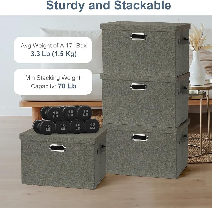 Storage Bins with Lids Fabric Closet Organizers Cubes Office Organization | 36 Quart 3 Pack Dark Green Collapsible Stackable Linen Fabric 4 Handles Bedroom Closet Cabinet Under Bed Clothes Toy Office - Image 3