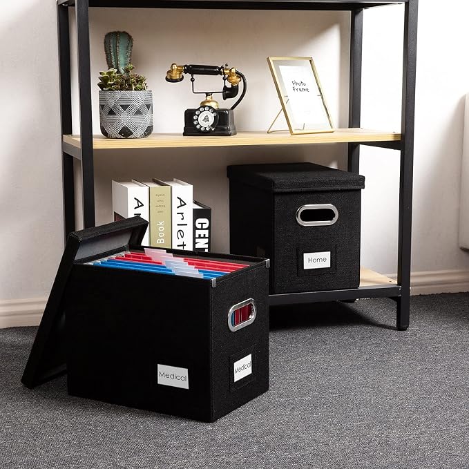 File Organizer Box - Set of 2 Collapsible Decorative Linen Filing Storage Hanging File Folders with Lids Office Cabinet Letter Size Black (14x9.3x10.8 inch) - Image 3