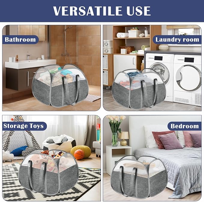 93L Collapsible Laundry Baskets Pop Up Laundry Hamper with Reinforced Handles Reliable Foldable Laundry Hamper for Laundry Room Kids Room (Large Grey) - Image 8
