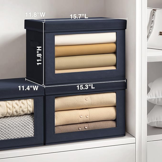 Stackable Storage Bins with Lids - Large Decorative Basket with Lids, Fabric Foldable Closet Organizer Bins, Shelf Organizer for Living Room, Dorm, 5 Pack, Navy Blue - Image 2