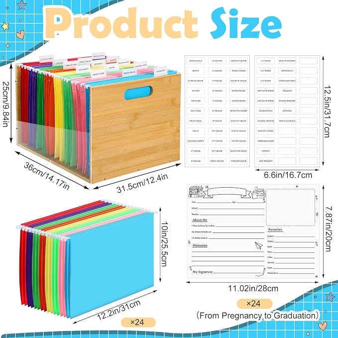 School Memory Organizer Box Kit K-12 School Year Memory Keepsake with 24 Different Memorys Questionnaire 24 Hanging File Folder 2 Label for Kid Storage Picture File Keeper(Rustic,Wooden,Acrylic) - Image 3
