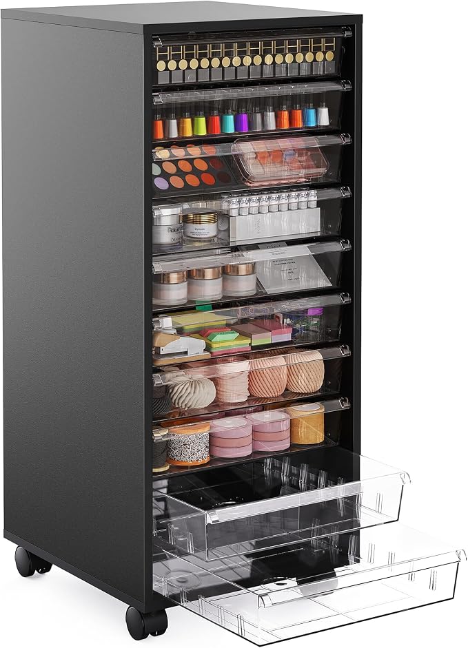 Storage Drawer Cart, Mobile Storage Cabinet, Makeup Storage with 10 Large Clear Drawers, Utility Wooden Rolling Cart on Wheels, for Cosmetic, Art Craft, Office Supplies, Toy, Black by WOPITUESOfficial
