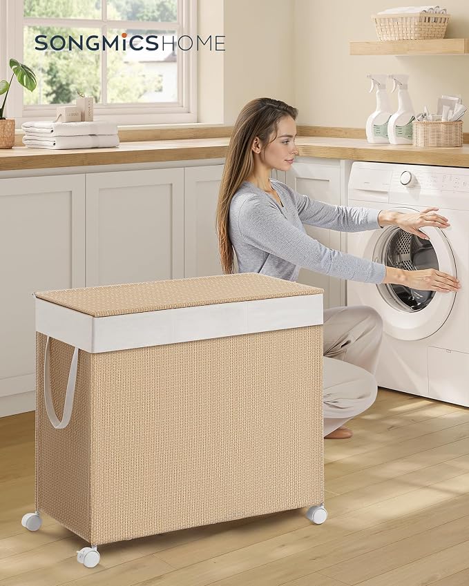 SONGMICS HOME Laundry Hamper with 3 Section, 140 L, Rattan, with Wheels | Rolling Clothes Basket with Lid, Removable Liner with Handles, Natural Beige and Matte White, PEZZO Collection ULCB602N01 - Image 2