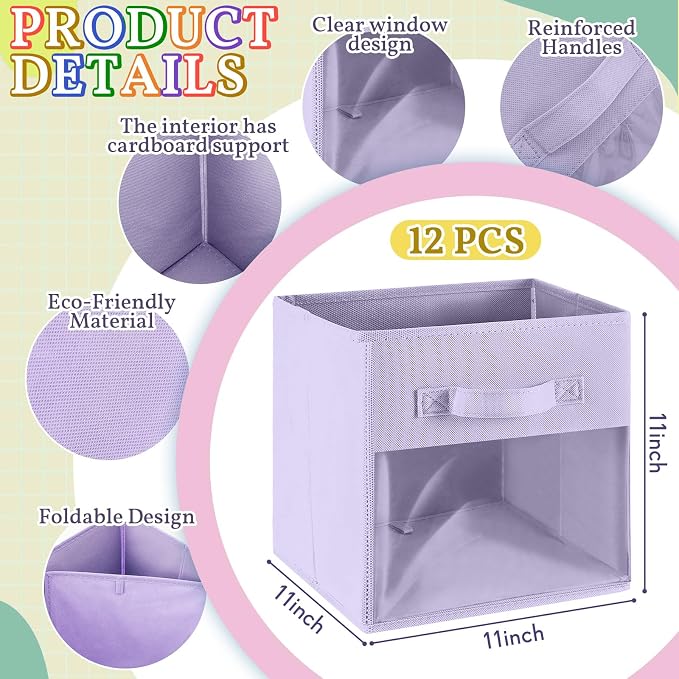 Marsui 12 Pcs Clear Cube Storage Bins Pink Collapsible Kids Storage Bins Fabric Classroom Organizer with Window for Kid Playroom Room Daycare Nursery(Pastel) - Image 2