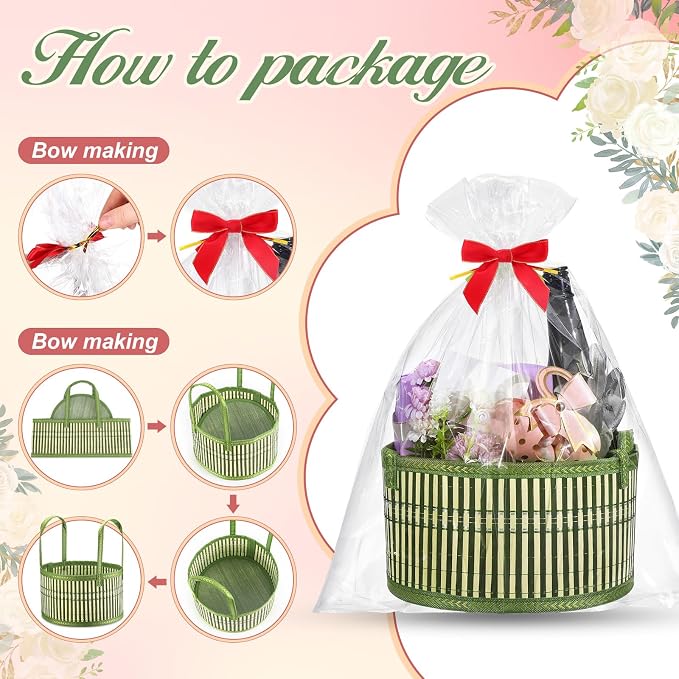 Weysat 12 Set Baskets for Gifts Empty Bulk, Large Woven Bamboo Gift Basket Kit with Handles, Bow, Wrap Bag to Fill for Raffle Thanksgiving Day Wedding Birthdays Party Wrapping (Green) - Image 2