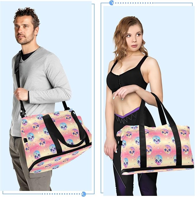 Travel Duffel Tote Bag Cute Skull Head Sports Duffel Bag with Wet Pocket Weekender Overnight Bag for Women Men Gym Bag, Carry On Bag Hospital Bag for Labor and Delivery - Image 4