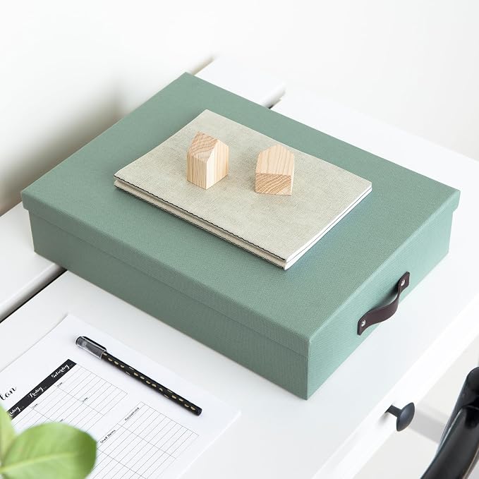 Bigso Oskar Canvas Fiberboard Document Letter Box for Important Paperwork A4 or Letter Size - Durable Keepsake Box with Lid and Leather Handle - 3.3in x 10.2in x 13.8in - Soft Teal - Image 5