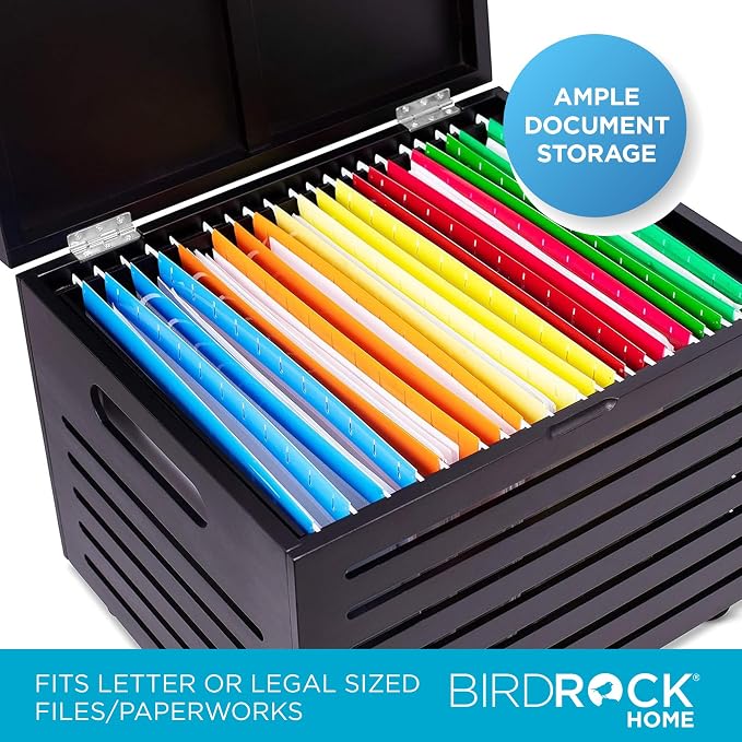 BIRDROCK HOME Bamboo Rolling File Storage Organizer Box with Lid - Decorative File Cabinet on Wheels, Portable File Box on Wheels, Mobile Filing Solution - Grey - Image 2