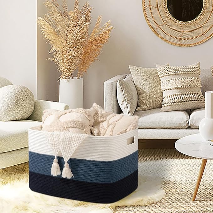 OIAHOMY 118L Extra Large Blanket Basket, Rectangle Woven Cotton Rope Storage Basket,Used for storing Dirty Clothes, Stuffed Animal Toy Storage for Living Room,Kids Room,25" x 17" x 16", Gradient Blue - Image 6