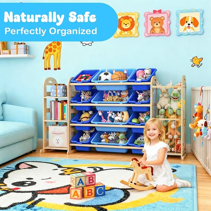 Kids Toy Storage Organizer, Toy Organizers and Storage with Stuffed Animal Storage, Toy Storage Shelf with 3 Shelves, 12 Storage Bins, Kids Bookshelf, Toy Holder for Playrooms, Bedrooms, Blue - Image 3