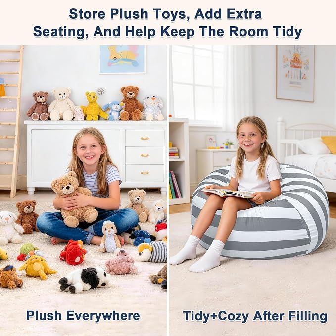 Lukeight Stuffed Animal Storage Bean Bag Chair Cover for Kids, Velvet Plush Toy Organizer Seat, Cover Only, No Filling Included, Long YKK Zipper, Side Pocket, Large 27"D x 16"H - Image 3