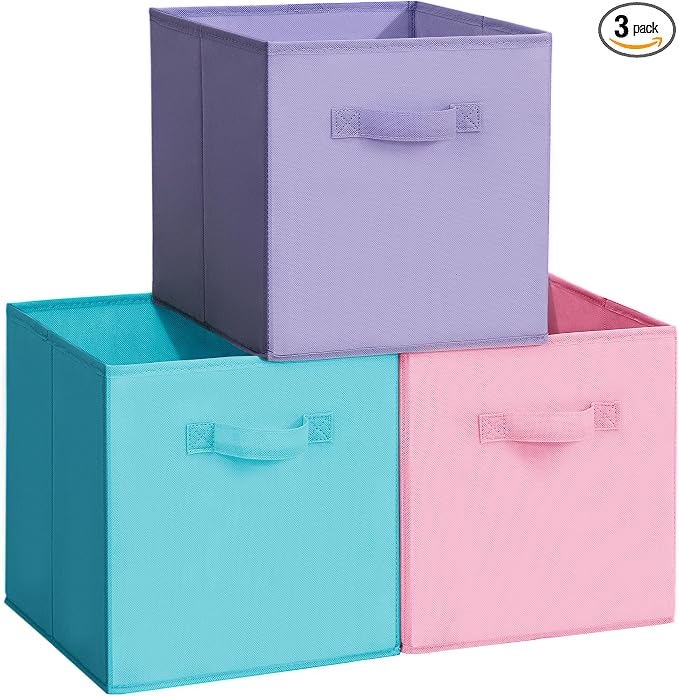 11x11 Storage Bins, Set of 3 Storage Cubes, Collapsible Cube Storage Box, Fabric Closet Organizers with Handles for Home, Office, Closet Shelf Cabinet, Bookcase, Multi-Color by Unknown