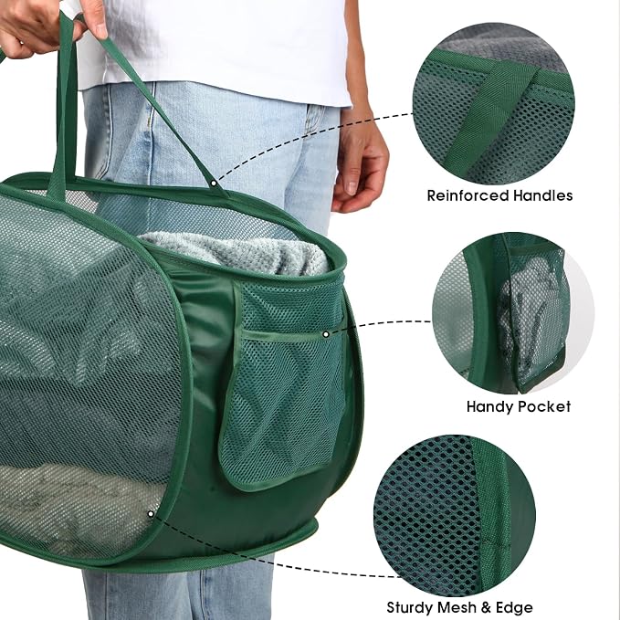 Sturdy Collapsible Laundry Baskets- Pop Up Laundry Hampers with Handy Pocket, Foldable Clothes Hamper with Reinforced Carry Handles for Laundry, Bathroom, Kids Room, Dorm or Travel Green - Image 5