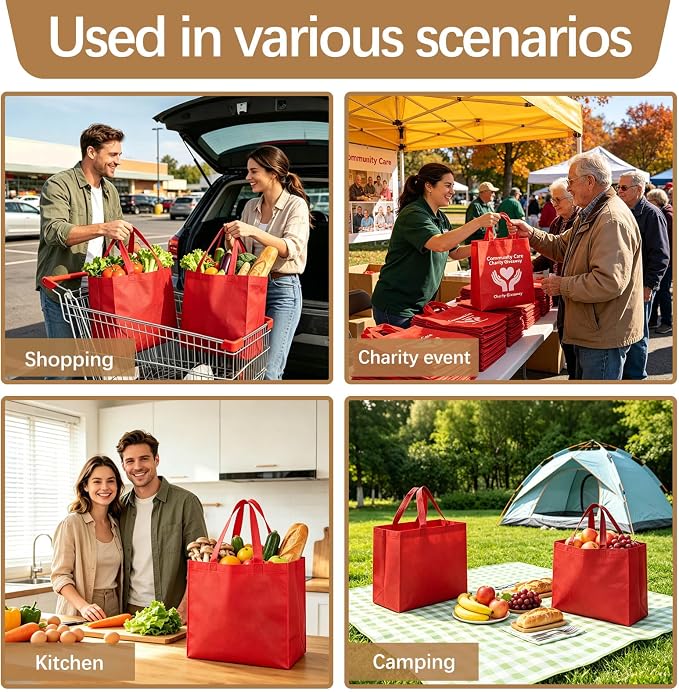 Reusable Grocery Bags 12.6 * 6.3 * 11.8 in - Non Woven Totes Bag with Reinforced Handles, Shopping Bags Bulk - Image 2