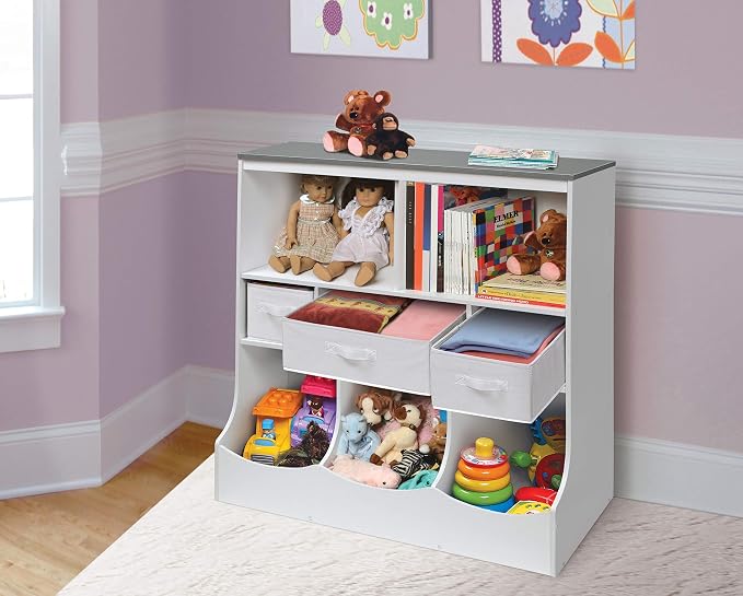 Badger Basket Combo Bin Toy Storage Unit and Book Shelf for Kids with 3 Baskets - White/Gray | Kids storage organizer with 3 removable baskets, open shelves & display top for toys, books, clothes & more. - Image 5