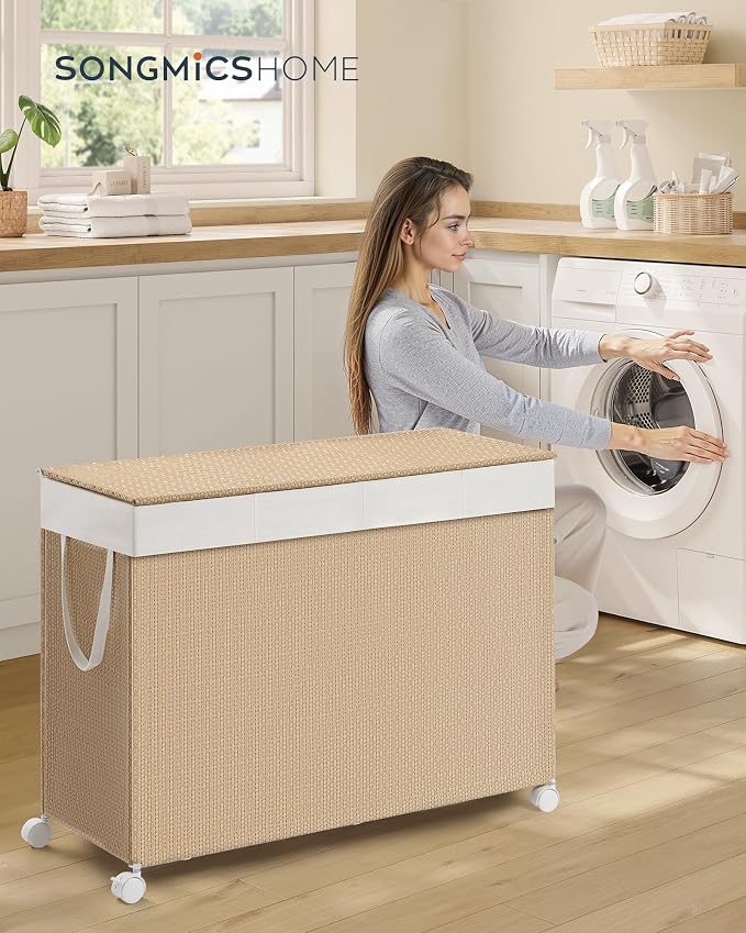 SONGMICS HOME Laundry Hamper with 4 Section, 180 L, Rattan, with Wheels | Rolling Clothes Basket with Lid, Removable Liner with Handles, Tan and White, PEZZO Collection ULCB603N01 - Image 2