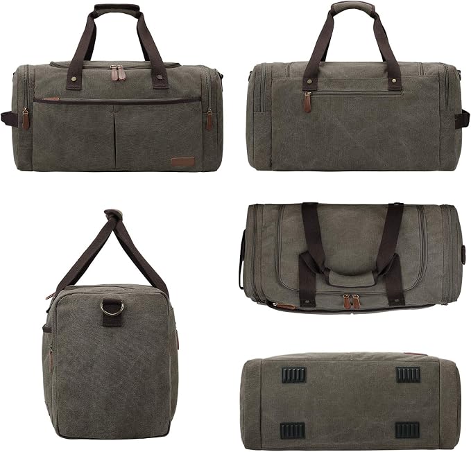S-ZONE Canvas Duffel Bag for Travel Weekender Overnight Travel Bags for Men | Cotton Canvas, 45L Large Size, Shoes Compartment,Multi-Pocket, Removable Shoulder strap for Gym or Business, Army Green - Image 6