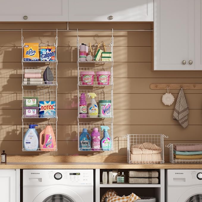 4-Tier Hanging Laundry Room Organizer: Foldable Wire Shelf Basket with 2 Large Hooks 1.65" & 360°Rotating Hooks – Space-Saving Laundry Storage Basket, for Wardrobe Closet Storage, White Patent - Image 4