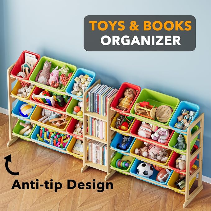SpaceAid Large Toy Storage Organizer with 24 Bins and 3 Shelves, Toy Organizers Storage Bookshelf, Kids Bin Shelf Box Bookcase for Bedroom Playroom Organization Room Decor, Multi-Colored - Image 4
