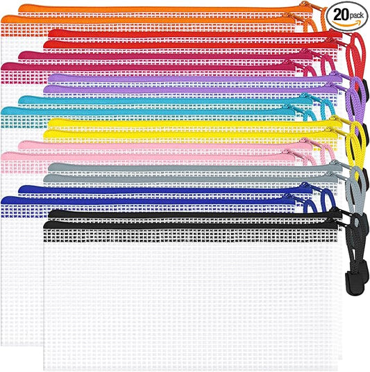 20Pack Mesh Zipper Pouch Bags, 9.4x4.9 Inch, 10 Colors | Waterproof, Pencil Pouches for Storage, Teacher, School, Toys, Puzzle, Office Organization, Classroom, Home, Travel by Aubeco