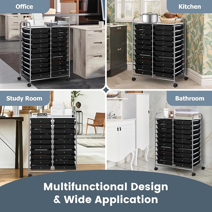 RELAX4LIFE 20 Drawer Rolling Storage Cart, Mobile Rolling Cart w/Drawers for School Classroom Teacher Office Home Salon, Paper File Art Supply Craft Organizer, Utility Cart on Wheels (Black) - Image 7