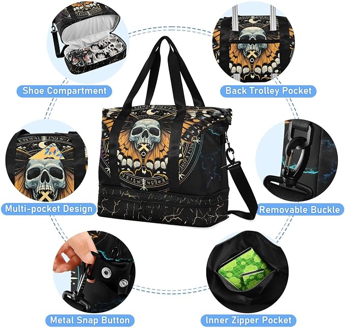 MNSRUU Travel Duffel Tote Bag Mysterious Skull Horoscope Black Gold Marble Stripe Sports with Wet Pocket Weekender Overnight for Women Men Gym Bag, Carry On Hospital Labor & Delivery - Image 4