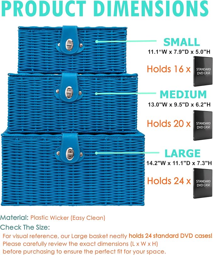 Set of 3 Woven Wicker Storage Basket Box with Lids & Lock, Built-in Carry Handles, Multifunctional Storage Organizer for Nursery, Baby, Clothes, Toys, Books, Large/Medium/Small Size (Blue) - Image 3