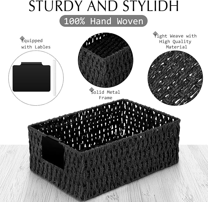 Marsui 6 Pcs Wicker Storage Baskets for Pantry Organization with Labels Handwoven Paper Rope Multi-size Black Wicker Storage Bins for Organizing Small Baskets Container for Shelves Closet Toilet - Image 3