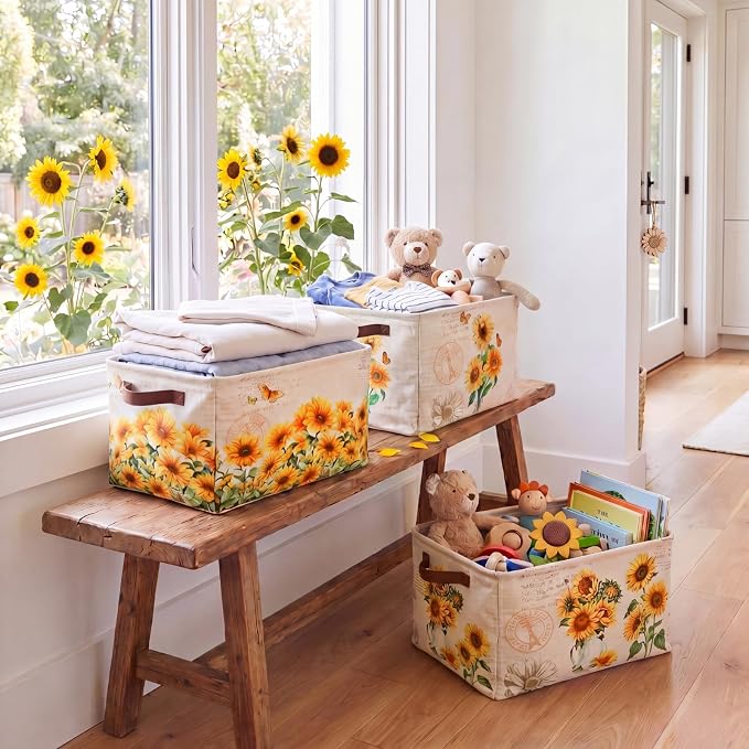 Fourluoo 6 Pack Sunflower Storage Basket with Handles Sunflower Clothes Storage Basket Bin Foldable Box Bins Organizer for Closet Shelf Nursery Kid Room Book Toy Chest - Image 7