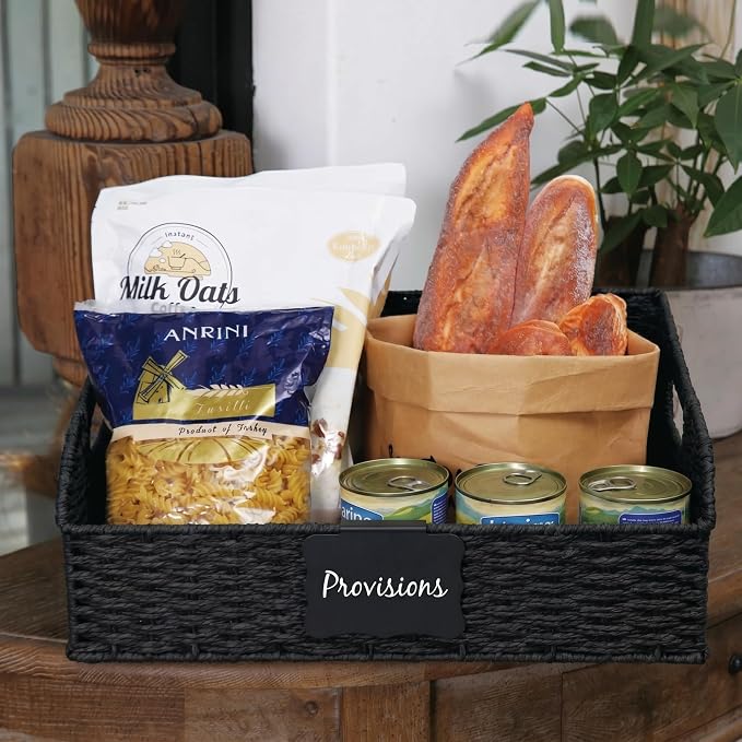 Pantry Organizers, Handwoven Large Wicker Baskets for Shelves, Labeled Storage Baskets for Organizing with Handles - Paper Storage Bins, Boho Decorative, 3 Pack, Black - Image 8