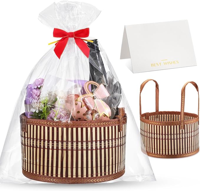 Weysat 1 Set Baskets for Gifts Empty Bulk, Large Woven Bamboo Gift Basket Kit with Handles, Bow, Wrap Bag to Fill for Raffle Thanksgiving Day Wedding Birthdays Party Wrapping (Brown) by Weysat
