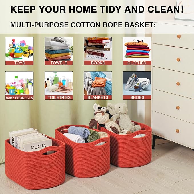Storage Baskets for Organizing Shelves, Woven Cotton Rope Basket for Storage, Dog Toy Baskets Storage Kids, Cute Shelf Basket for Living Room Bedroom, 14.8"×11"×9.5", Pack of 3, Brick Red - Image 4