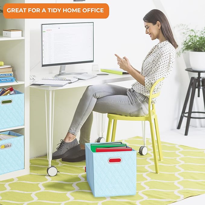 Small 11-inch Blue Foldable Diamond Patterned Faux Leather Storage Cube Bins Set of Four with Handles with Dual Handles for living room, bedroom and office storage - Image 5
